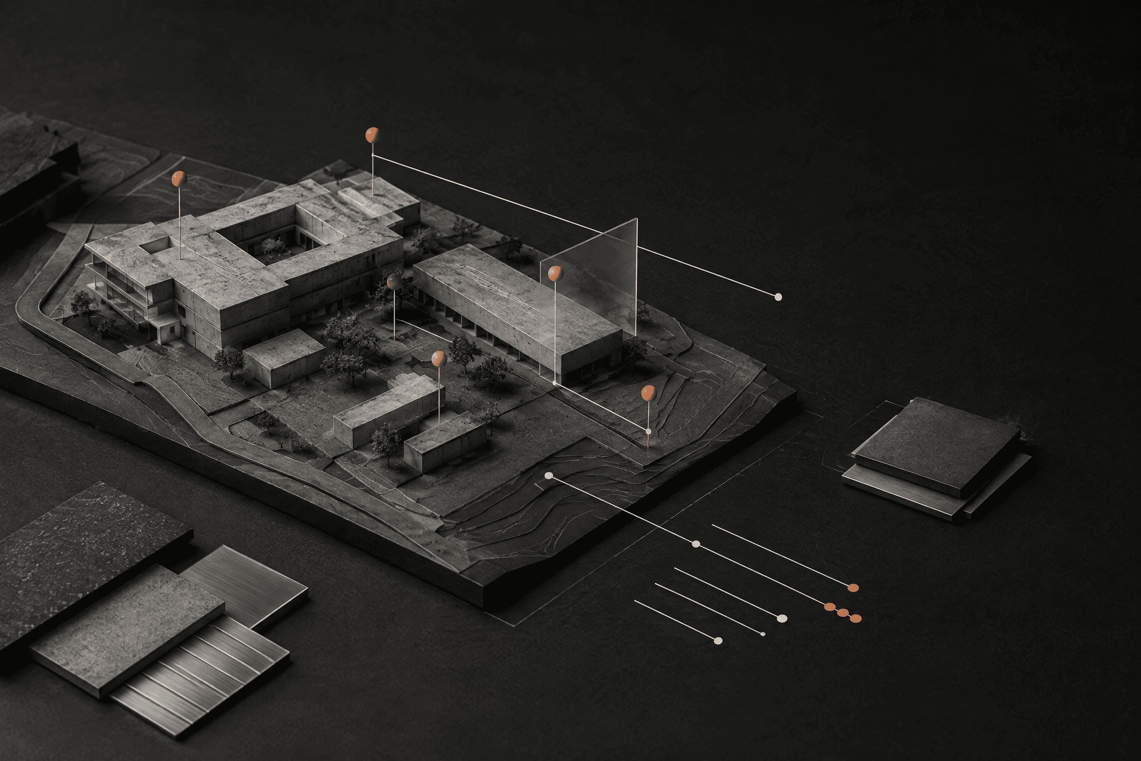 Abstract construction site model with progress markers